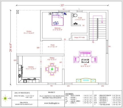35'0" x 28'6" - 2BHK