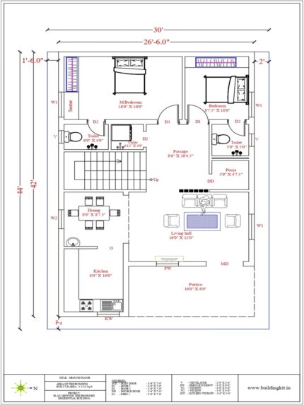 26'6" x 42'0" -  Duplex house - 2BHK