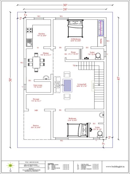 26'0" x 45'0" -  Duplex house - 2BHK